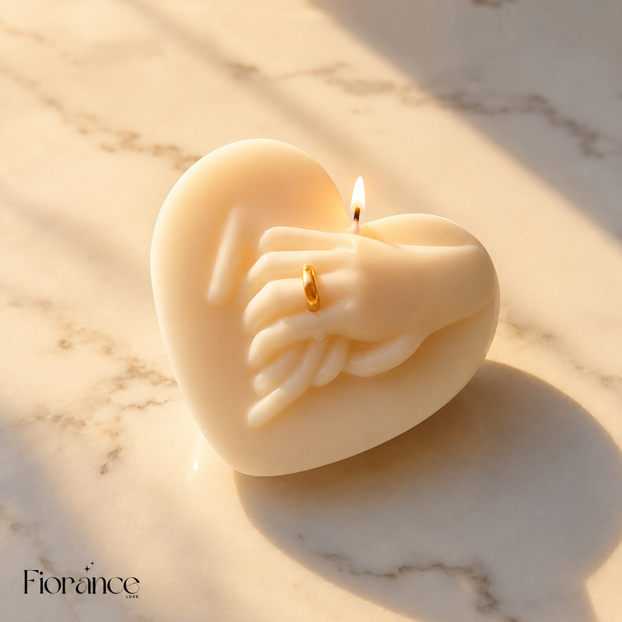 Fiorance Luxe hand in hand candle close-up – bas-relief clasped hands with gold ring detail on cream heart soy wax candle