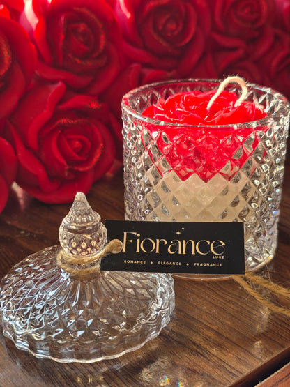 Fiorance Luxe luxury floral soy wax candle in diamond-cut glass jar with red roses background
