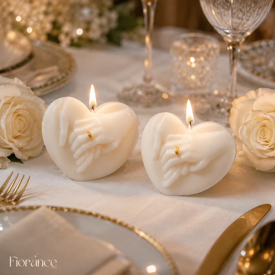 Fiorance Luxe hand in hand candle set of 2 – 3D clasped hands and gold ring heart shaped soy wax candle for anniversary