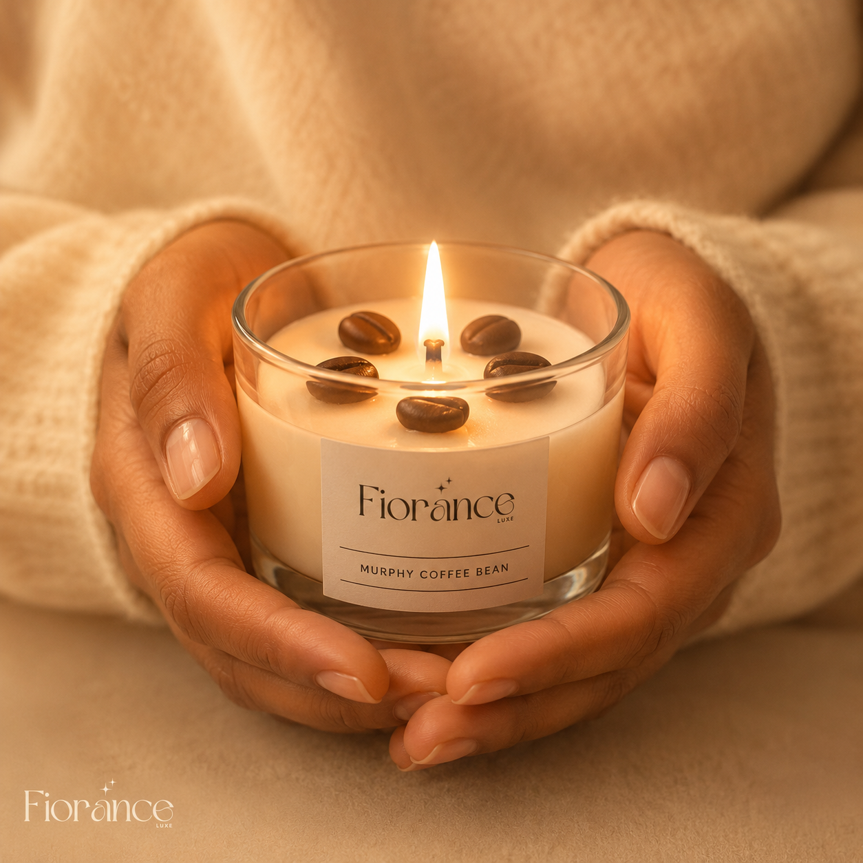 Fiorance Luxe coffee bean soy wax candle in murphy jar – real roasted coffee bean topped scented candle for gifting