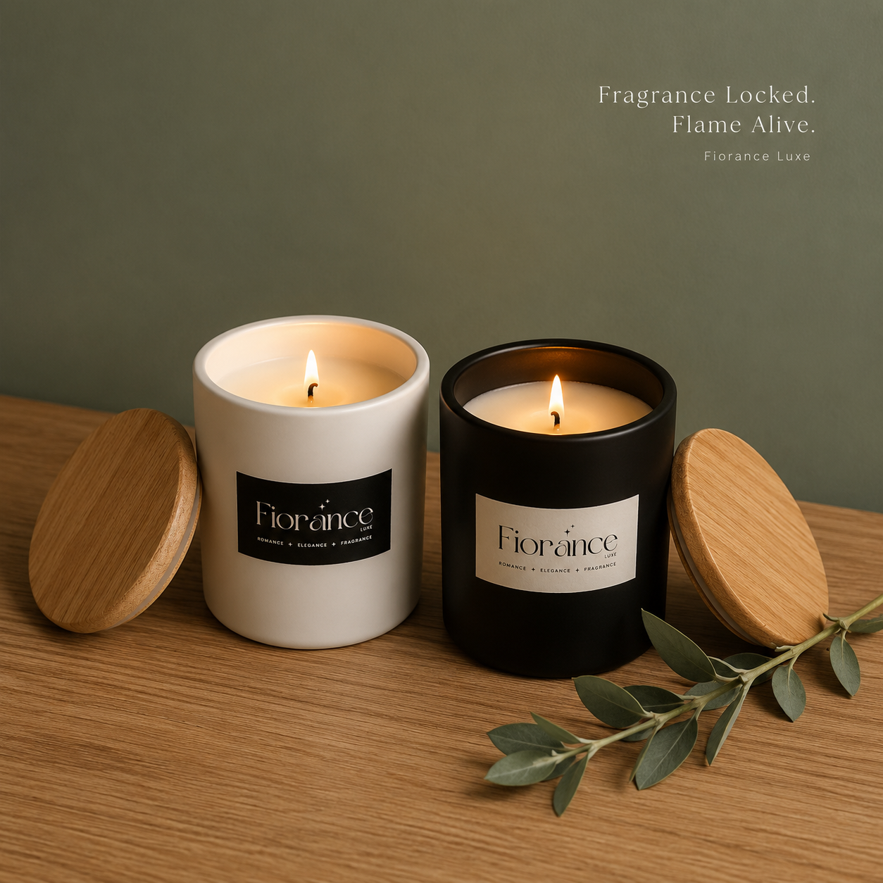Two lit Fiorance Luxe matte ceramic jar candles on wooden surface – 250ml soy wax scented candle duo set for home decor