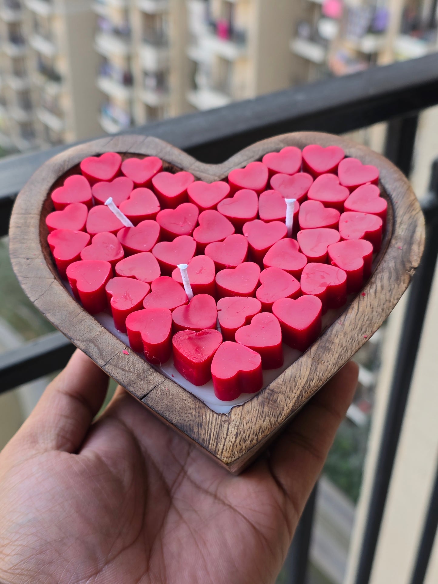 Rustic Heart Wooden Bowl Candle - 6 Inch Multi-Wick
