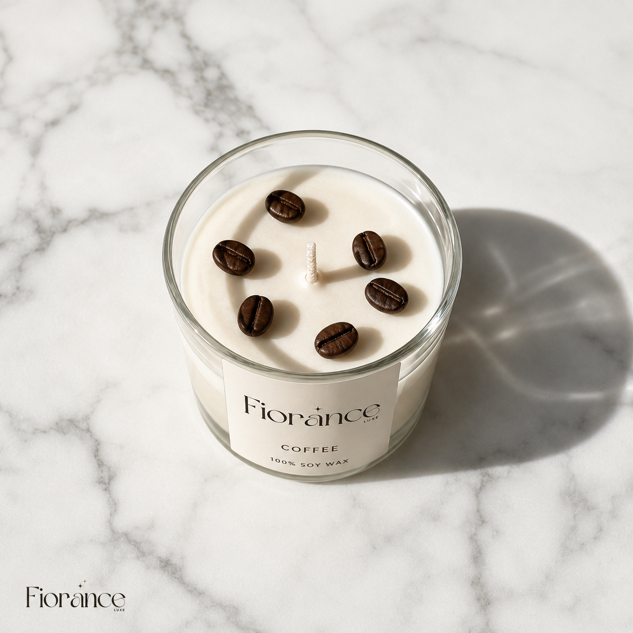 Fiorance Luxe murphy coffee bean candle close-up – handmade real coffee bean wax candle in clear glass jar for desk gifting