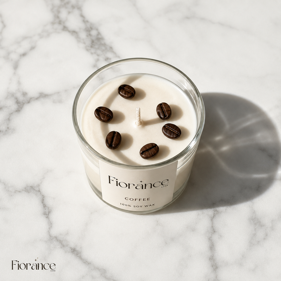 Fiorance Luxe murphy coffee bean candle close-up – handmade real coffee bean wax candle in clear glass jar for desk gifting