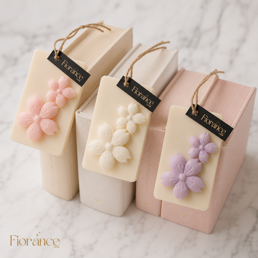 Fiorance Luxe 3D cherry blossom soy wax sachet in lavender – Japanese sakura floral sachet for wardrobe freshener and gifting