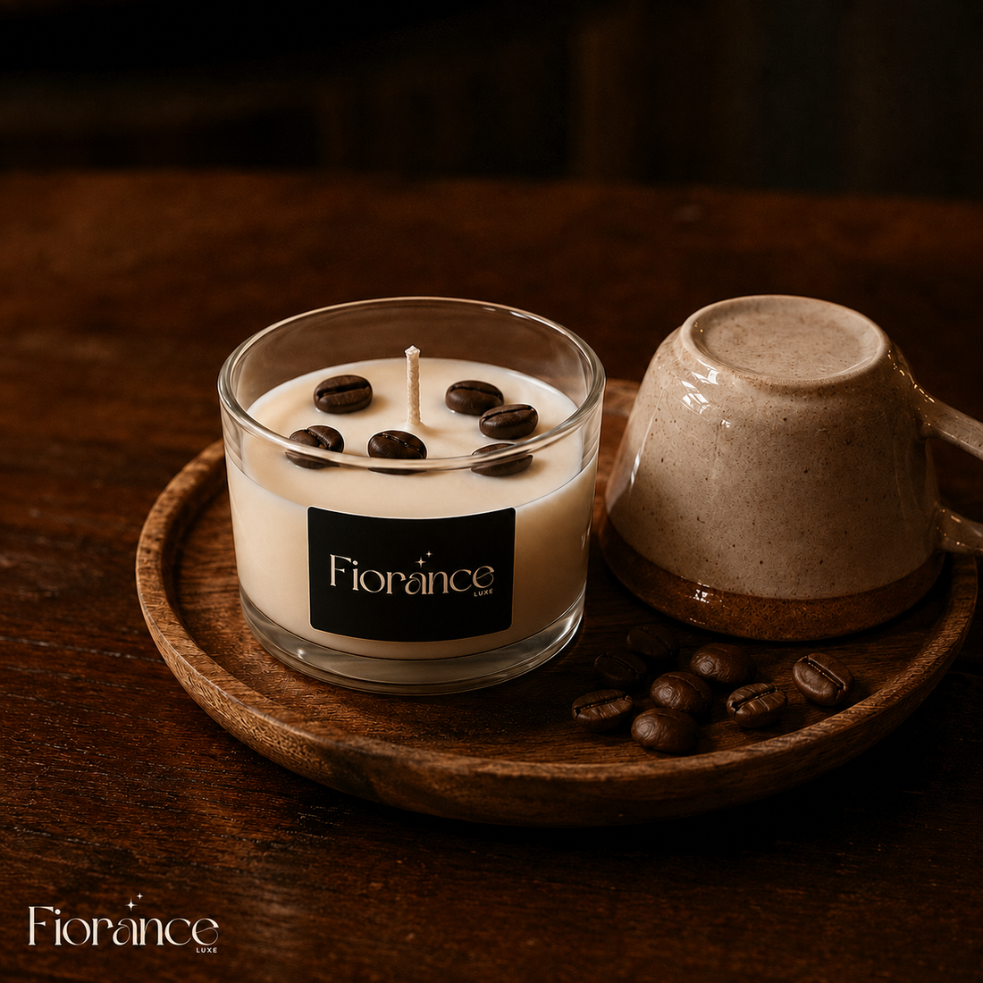 Real coffee bean topped soy wax candle by Fiorance Luxe – dark roast espresso scented murphy jar candle for coffee lovers