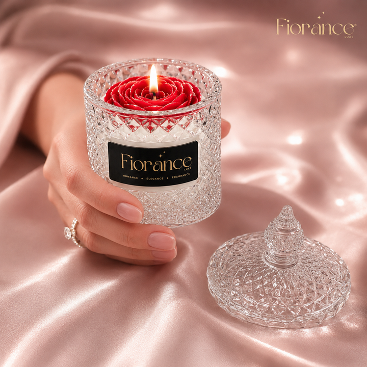 Candle with a red rose inside, held by a hand on a pink satin background, with 'Fiorance' branding.
