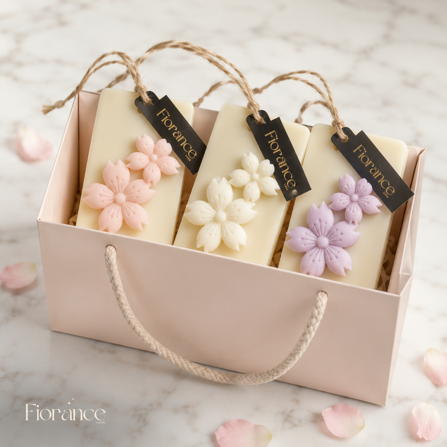Floral cherry blossom wax sachet in cream and white by Fiorance Luxe – handmade soy wax sachet for modern home decor