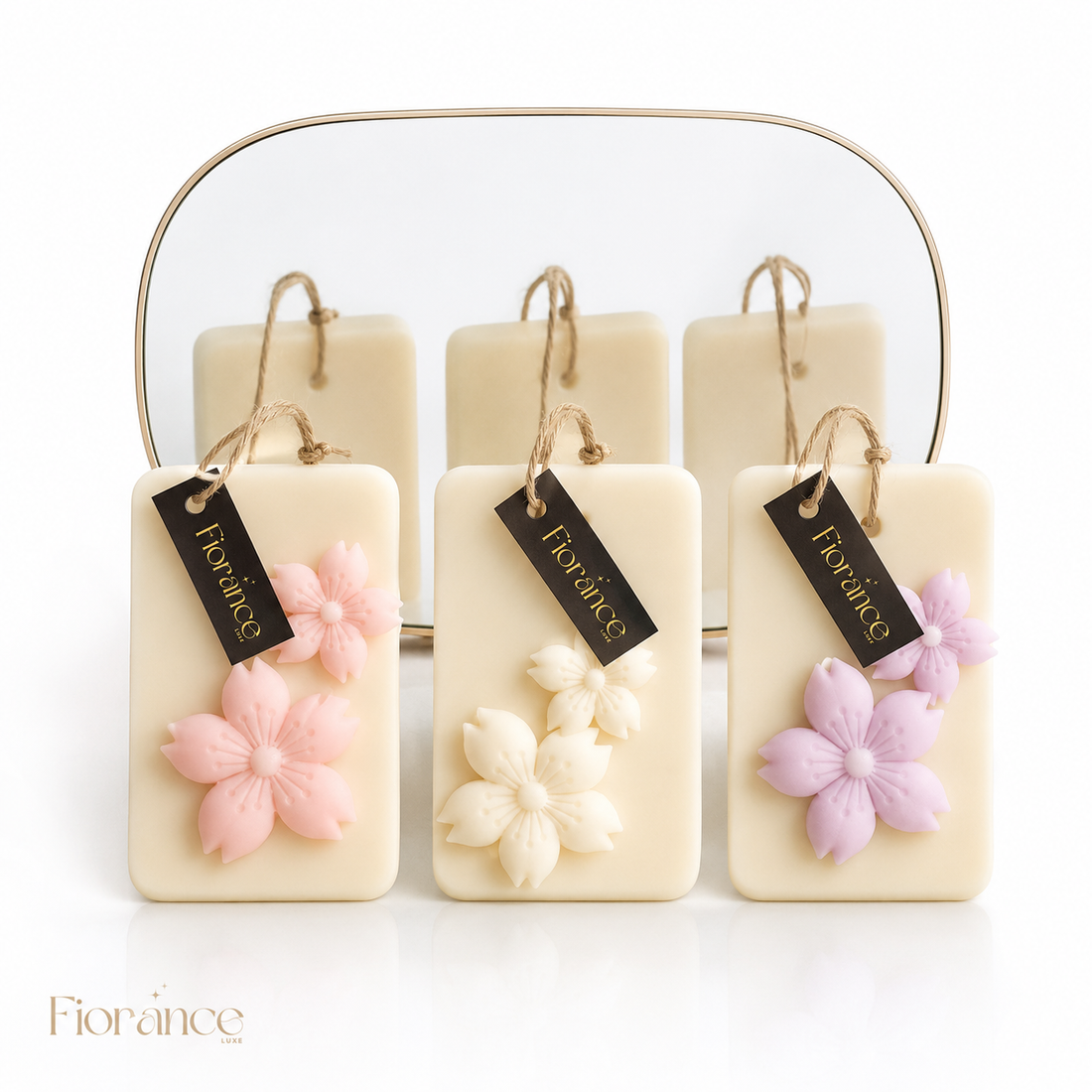 Fiorance Luxe cherry blossom wax sachet set hanging – scented soy wax sachets in blush pink sage green and lavender