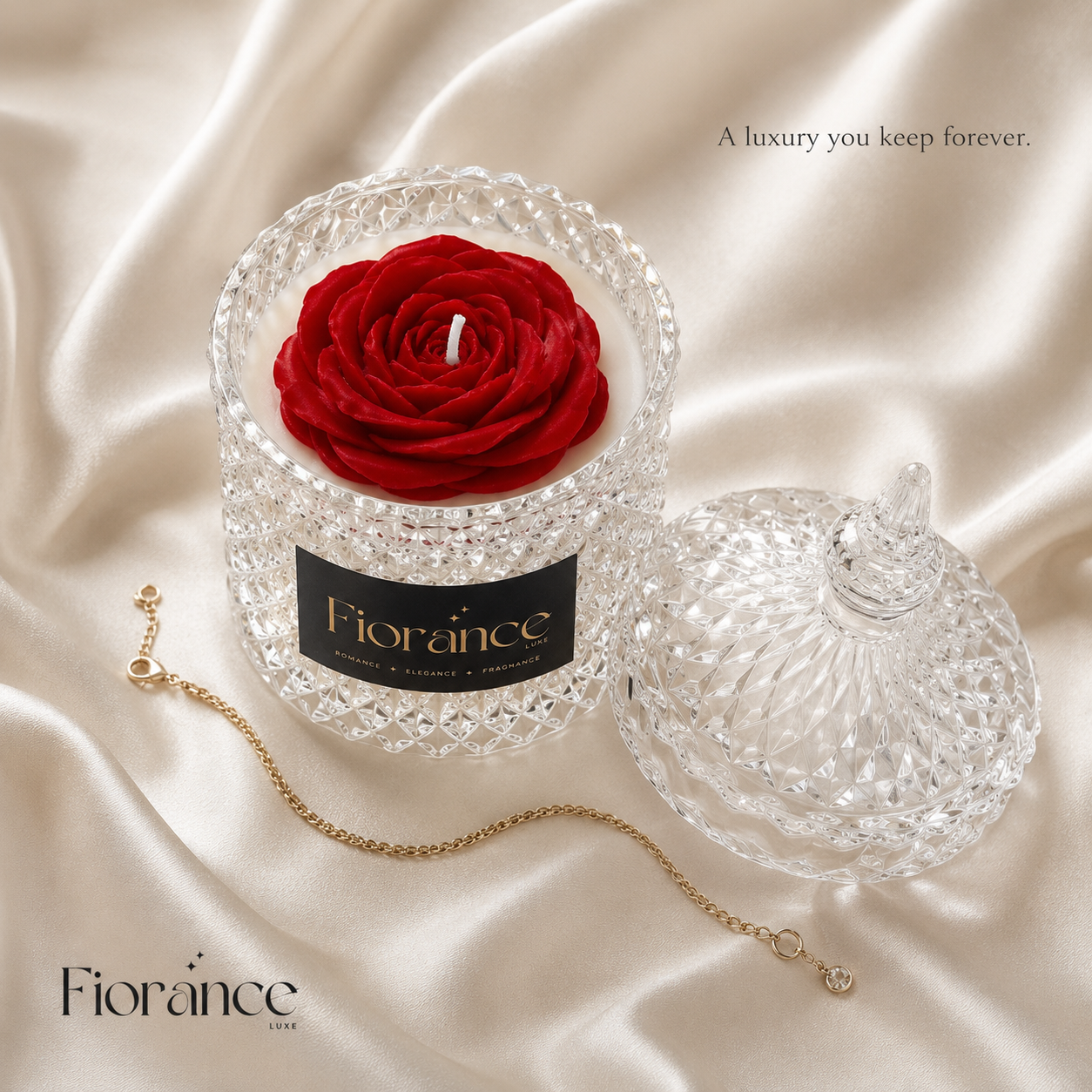 Red rose in a crystal box with 'Fioraine' branding on a satin background