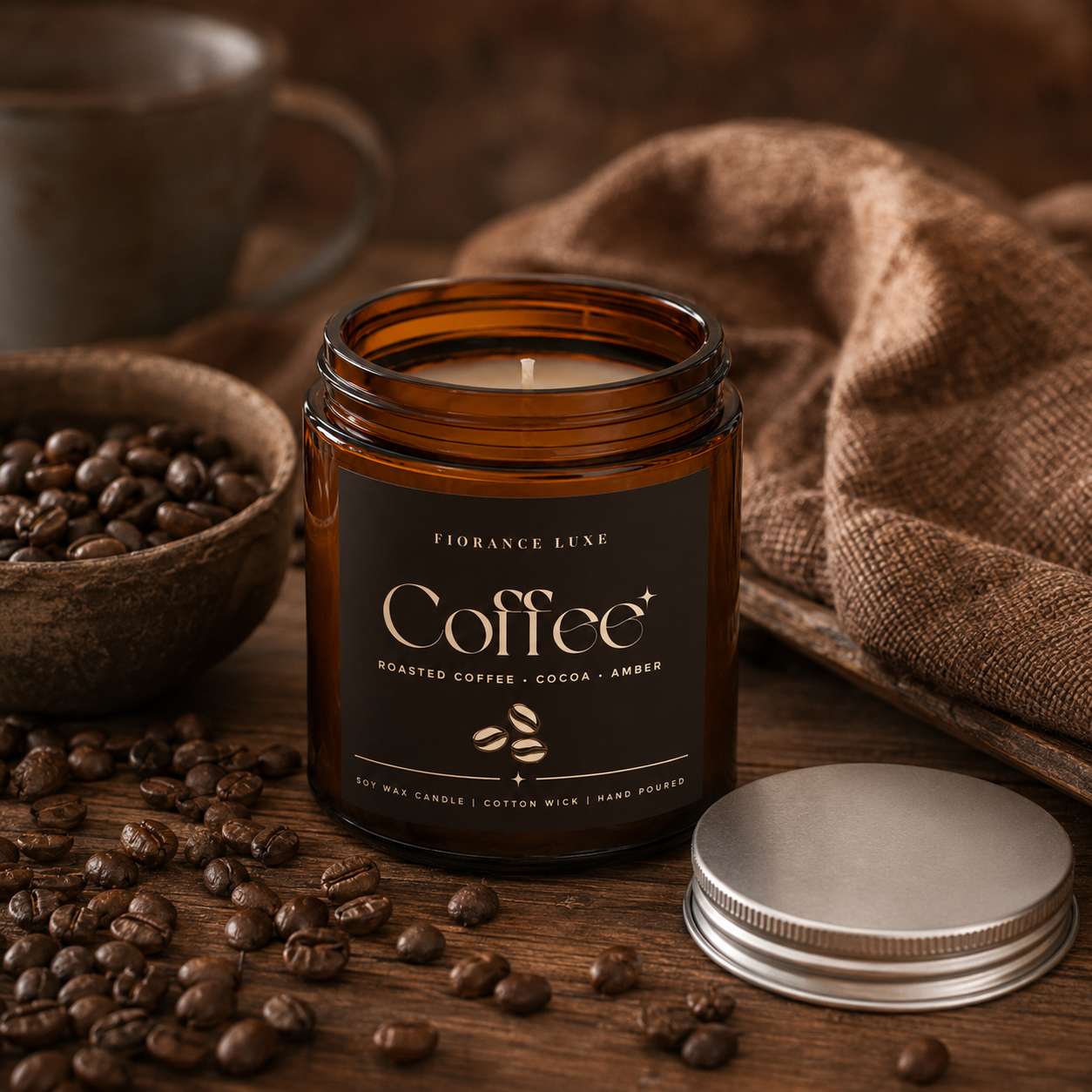 An amber glass jar candle labeled 'Coffee' by Fiorance Luxe, styled on a rustic wooden surface with scattered coffee beans, a metal lid, a brown cloth, and a blurred mug in the background.