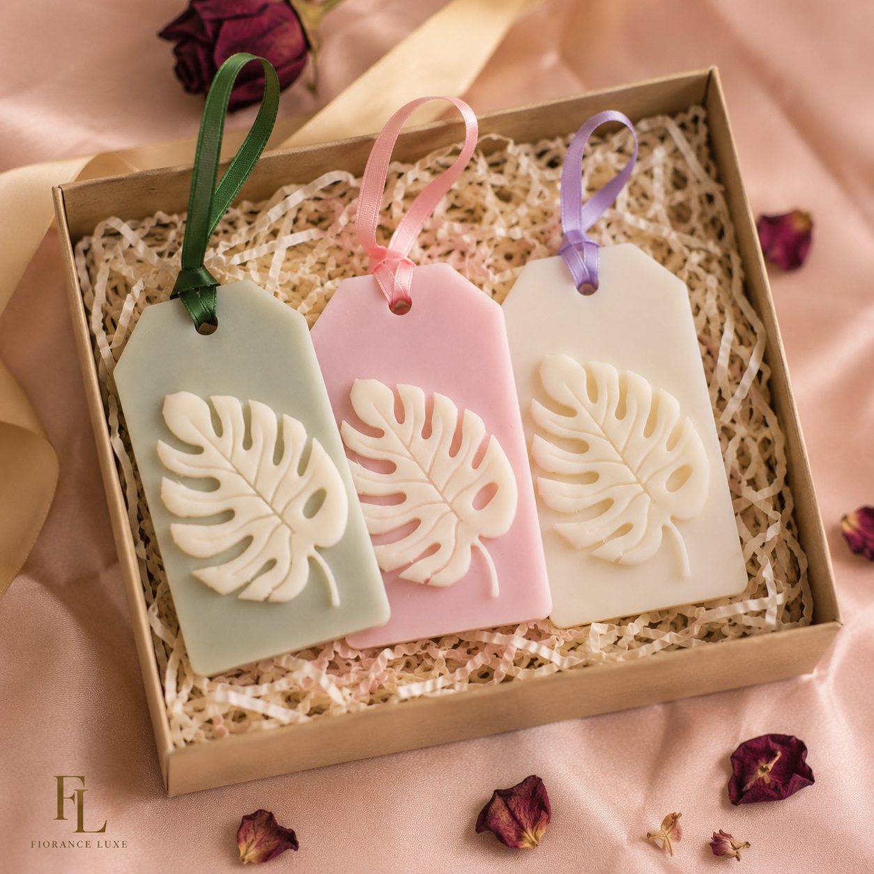 Leaf wax sachet set in multiple colors by Fiorance Luxe – monstera embossed soy wax sachet for gifting and home fragrance