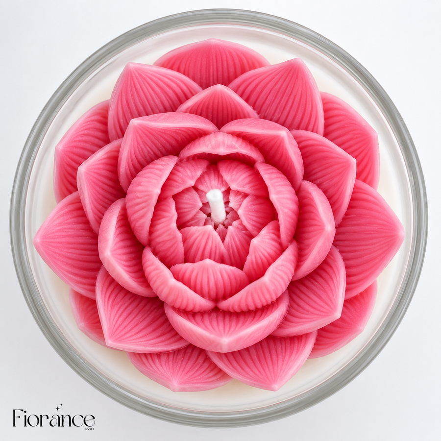 Baby blue lotus jar candle by Fiorance Luxe – 250ml handmade multi-layer lotus blossom soy wax candle in glass jar