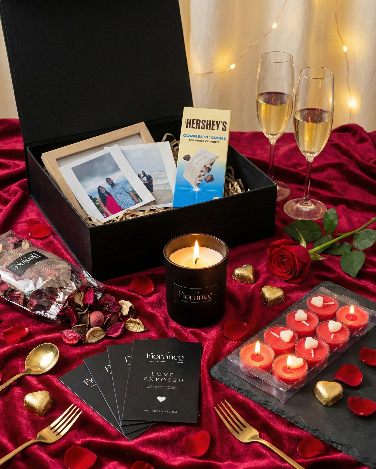 Valentine's Day gift set with candles, chocolates, and photos on a red fabric background.