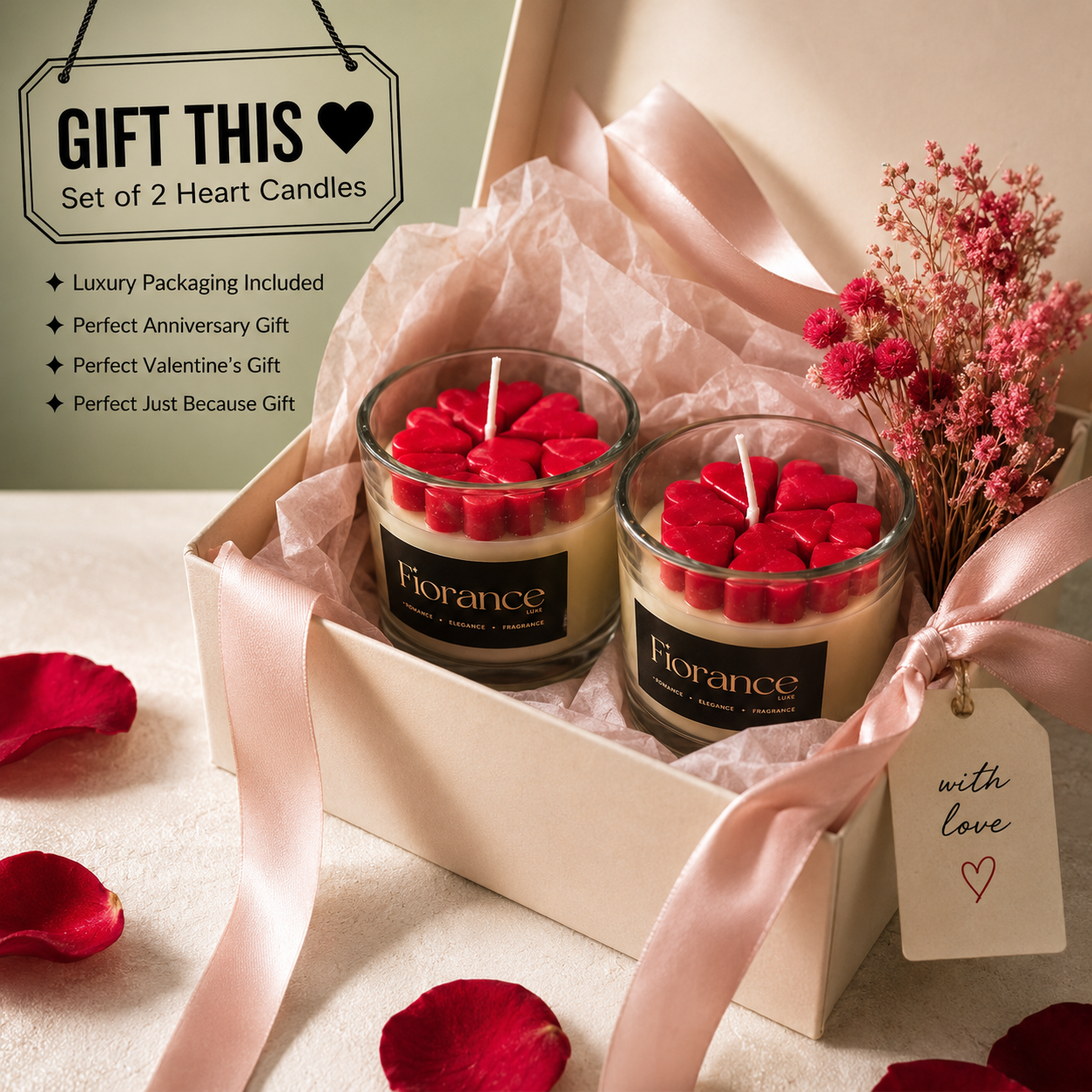 Set of 2 heart-shaped candles in a gift box with decorative elements and 'Fiorance Luxe' branding.