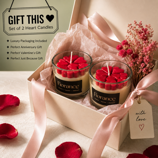 Set of 2 heart-shaped candles in a gift box with decorative elements and 'Fiorance Luxe' branding.