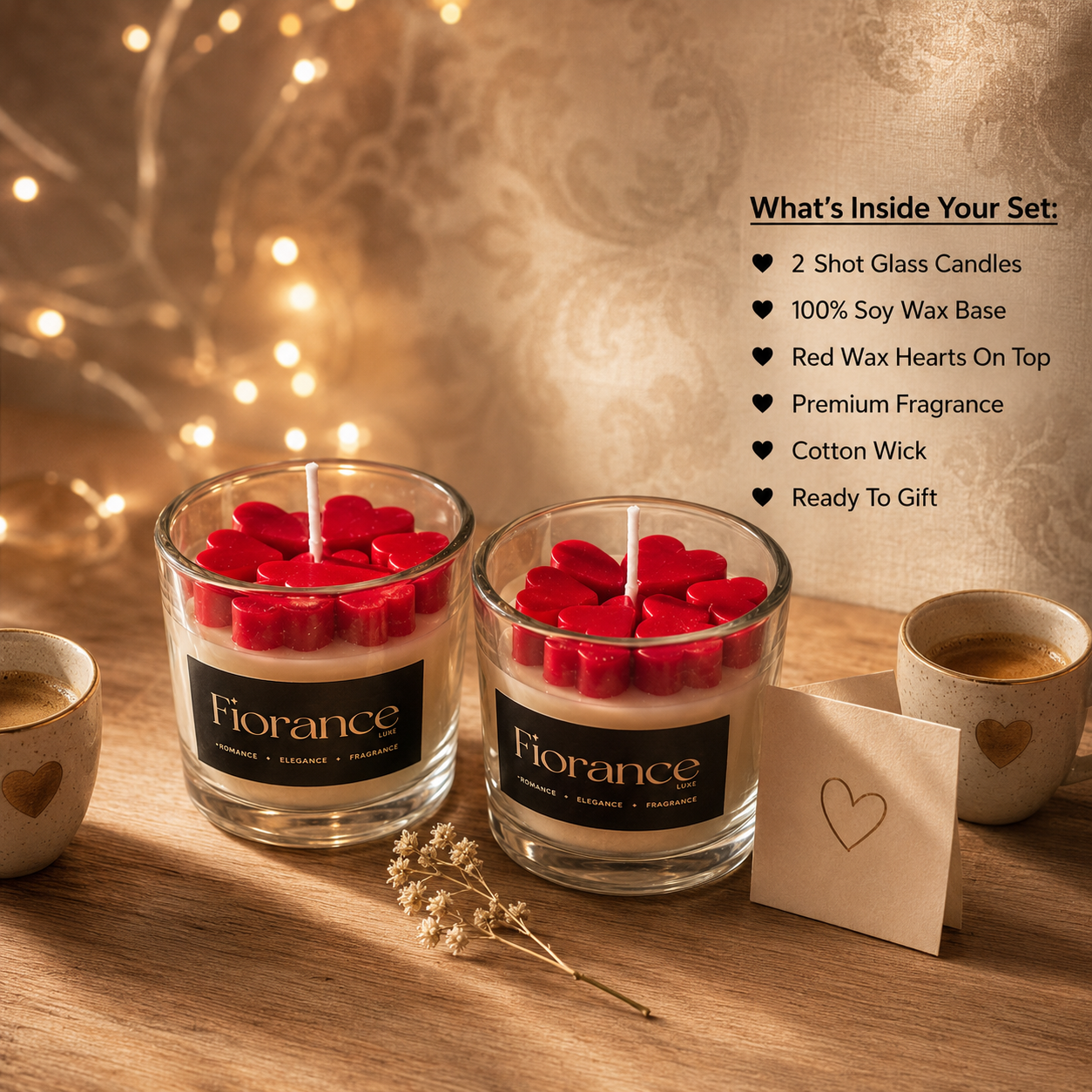 Two glass candles with red heart-shaped wax pieces on a wooden surface with decorative lights in the background.