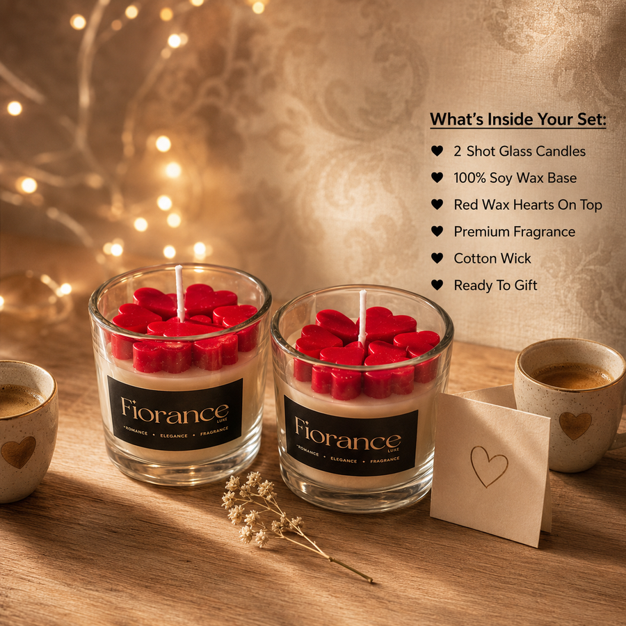 Fiorance Luxe heart shot glass candle duo on wooden surface – small 50ml soy wax scented candle set with fairy lights