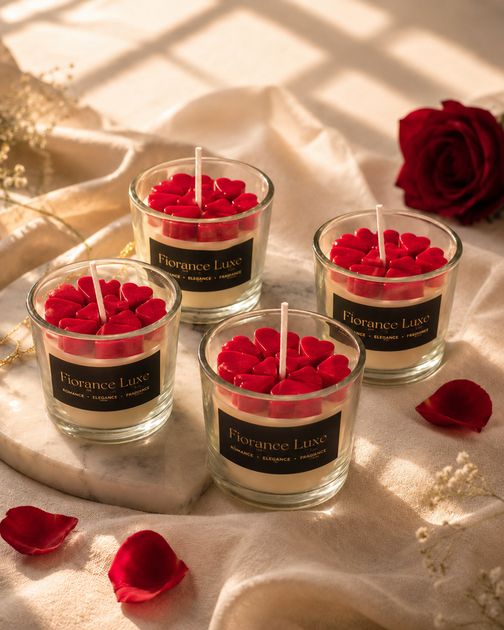 Four Fiorence Luxe candles with red rose petals on a soft surface with a rose in the background.