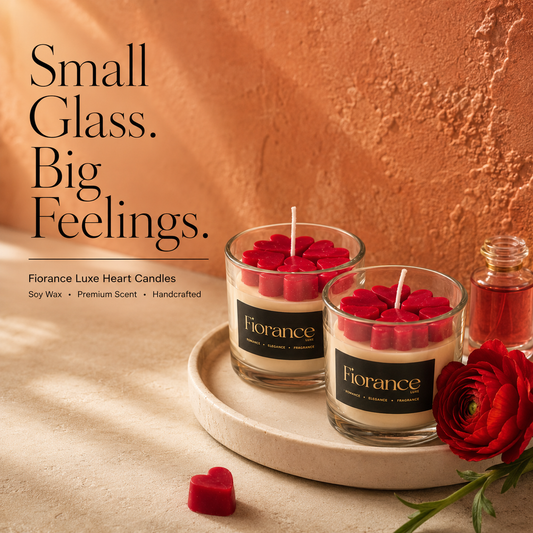 Two Fiorance candles with red heart-shaped candles inside on a tray, surrounded by flowers against an orange wall.