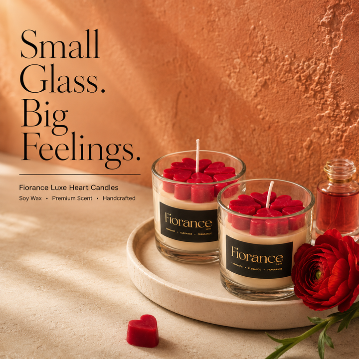 Two Fiorance candles with red heart-shaped candles inside on a tray, surrounded by flowers against an orange wall.