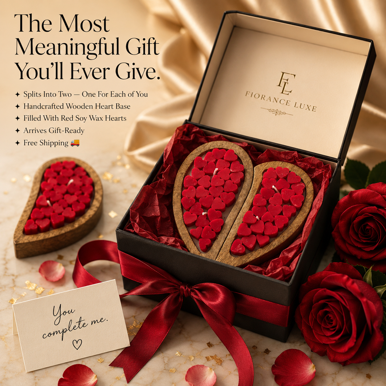 Heart-shaped candles in a box with red ribbons and roses, branded 'Fiorance Luxe'.