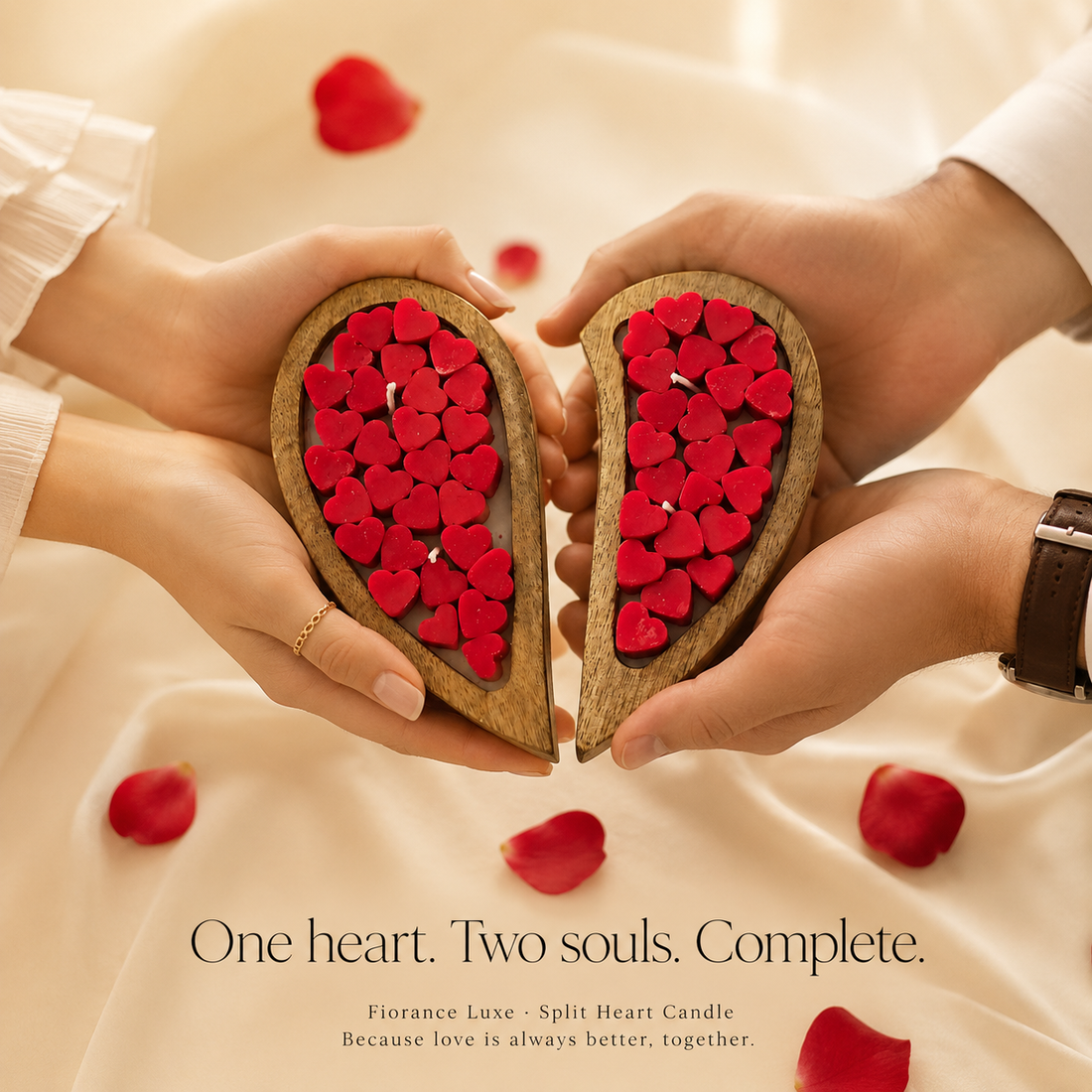Two hands holding a heart-shaped candle with red hearts, surrounded by red heart-shaped candles on a light background.