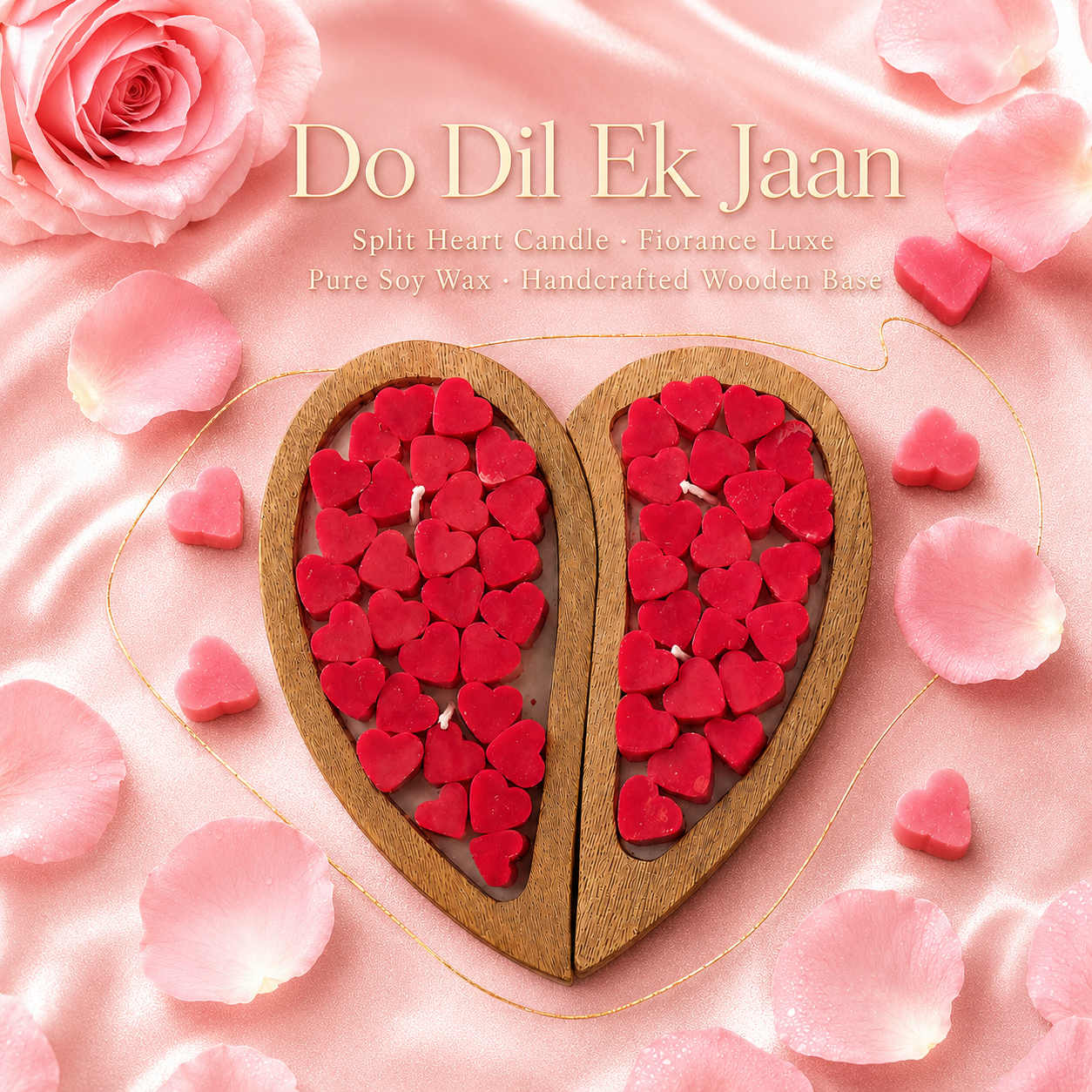 Heart-shaped candle with red hearts on a pink floral background with 'Do Dil Ek Jaan' text.