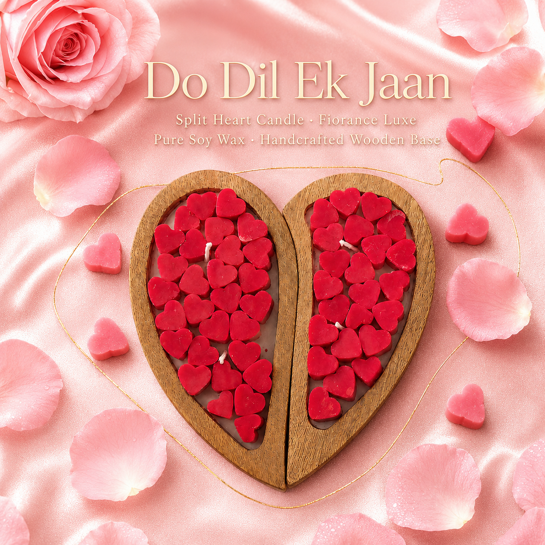 Heart-shaped candle with red hearts on a pink floral background with 'Do Dil Ek Jaan' text.