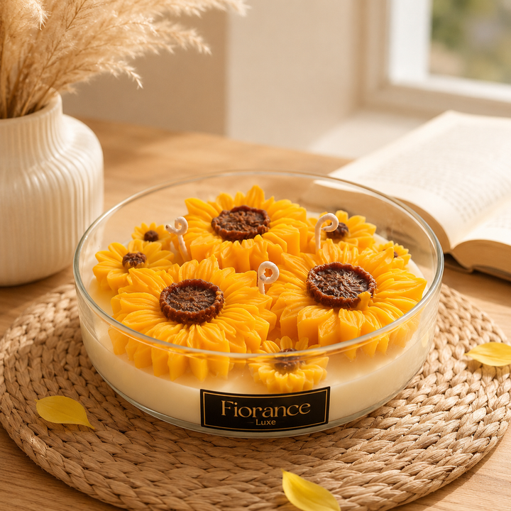 Decorative candle with sunflower design in a glass holder on a woven mat.