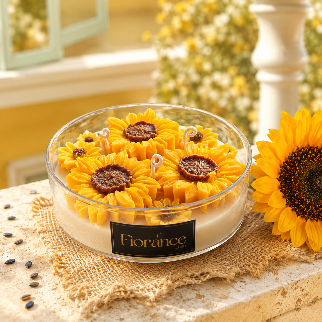 Sunflower-shaped candles in a glass bowl with 'Fiorance' branding on a textured surface.