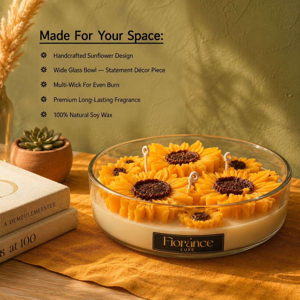 Sunflower-themed candle in a glass bowl with decorative elements on a wooden surface.