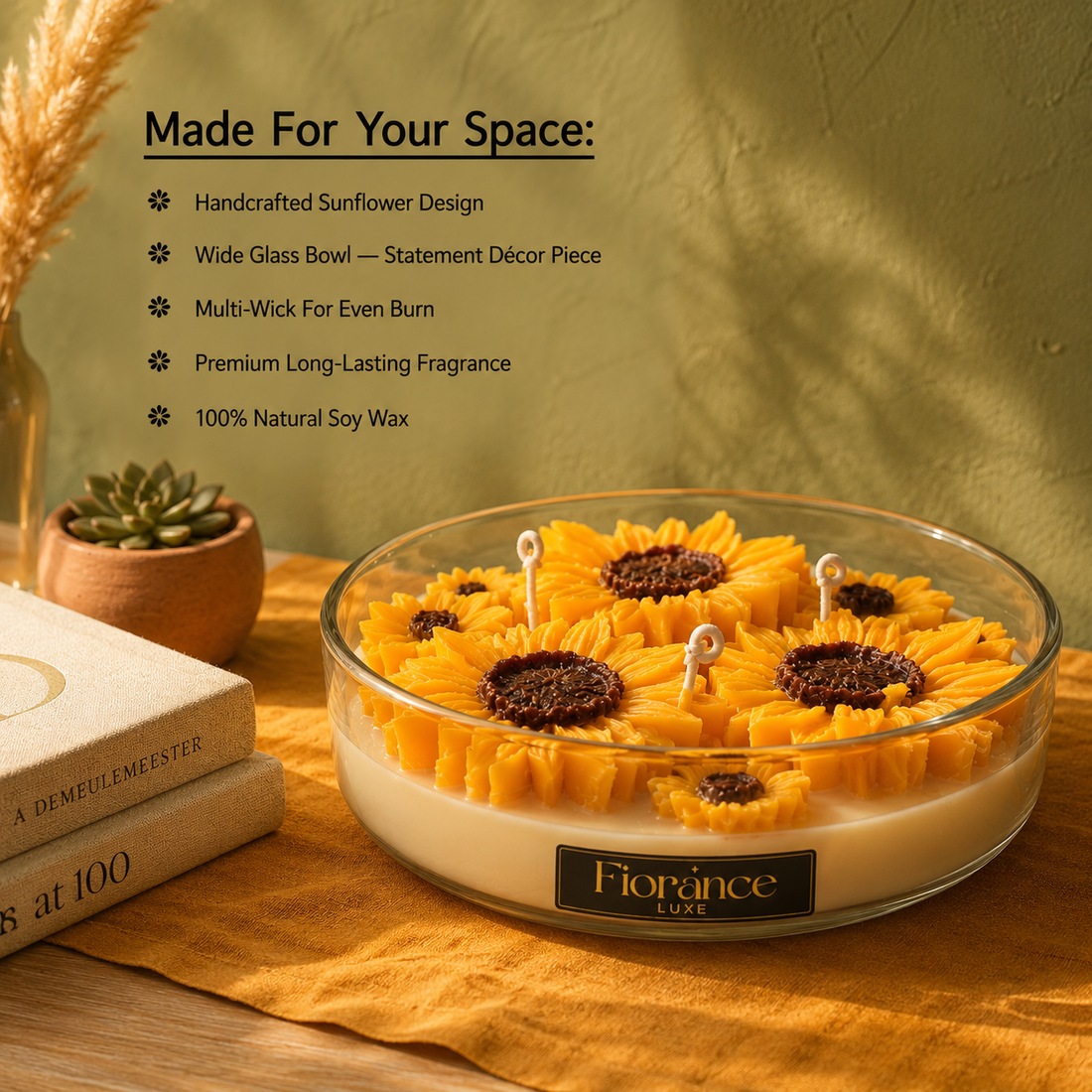 Sunflower-themed candle in a glass bowl with decorative elements on a wooden surface.
