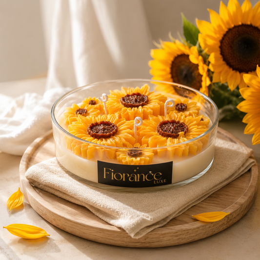 Sunflower-themed candle with 'Fiorance Luxe' branding on a wooden tray.