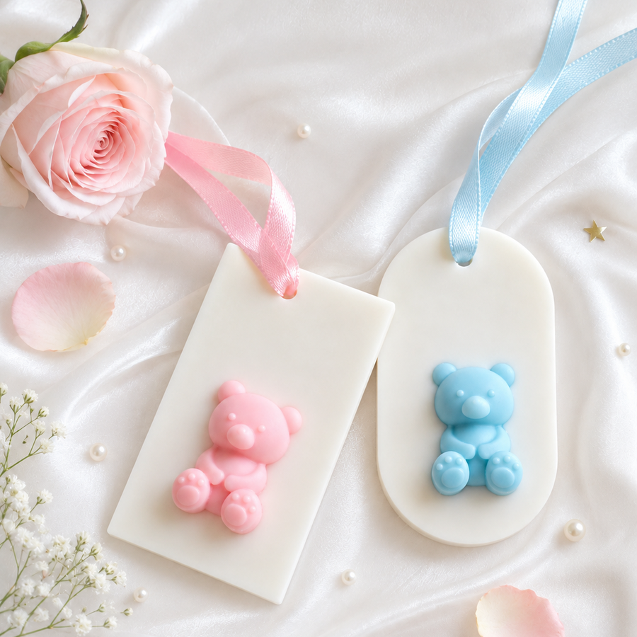 Fiorance Luxe teddy bear wax sachet set of 2 – scented soy wax sachet with pink and blue bear design for baby shower gifting