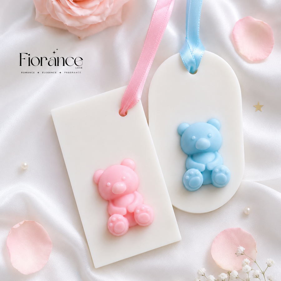 Fiorance Luxe teddy bear wax sachet with tag and ribbon – premium scented soy wax sachet for baby shower gift hamper