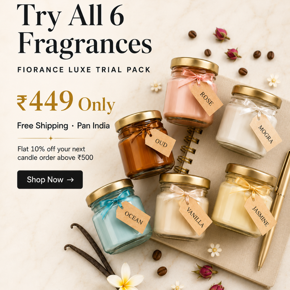 Fiorance Luxe trial pack candle collection – pure soy wax mini jar candles in 6 different fragrances for home fragrance