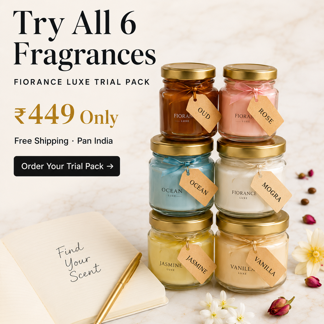 Candle trial pack by Fiorance Luxe – pure soy wax mini jar candle set of 6 fragrances for gifting and sampling