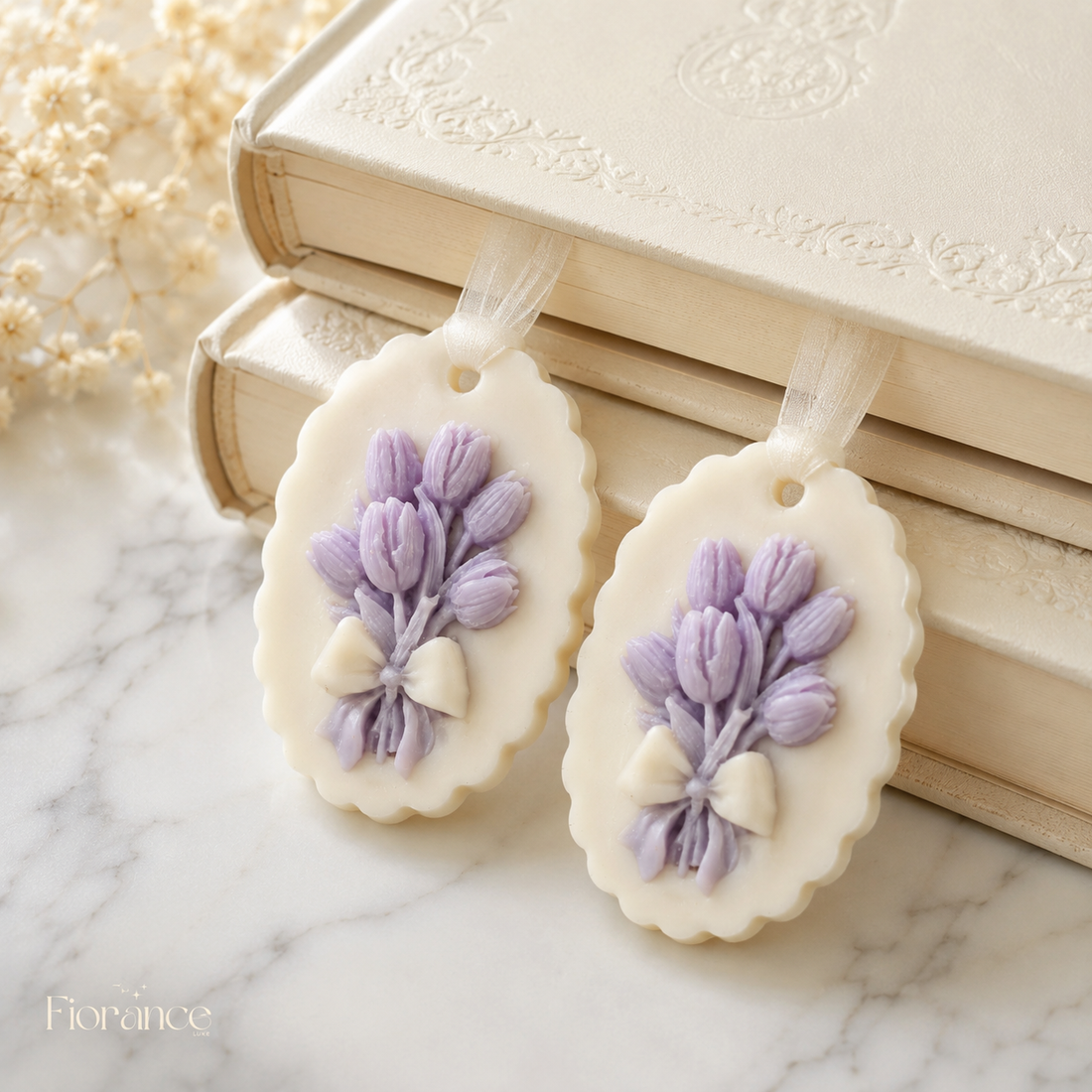 Fiorance Luxe tulip wax sachet with cream bow – handcrafted floral soy wax sachet for wardrobe and home fragrance