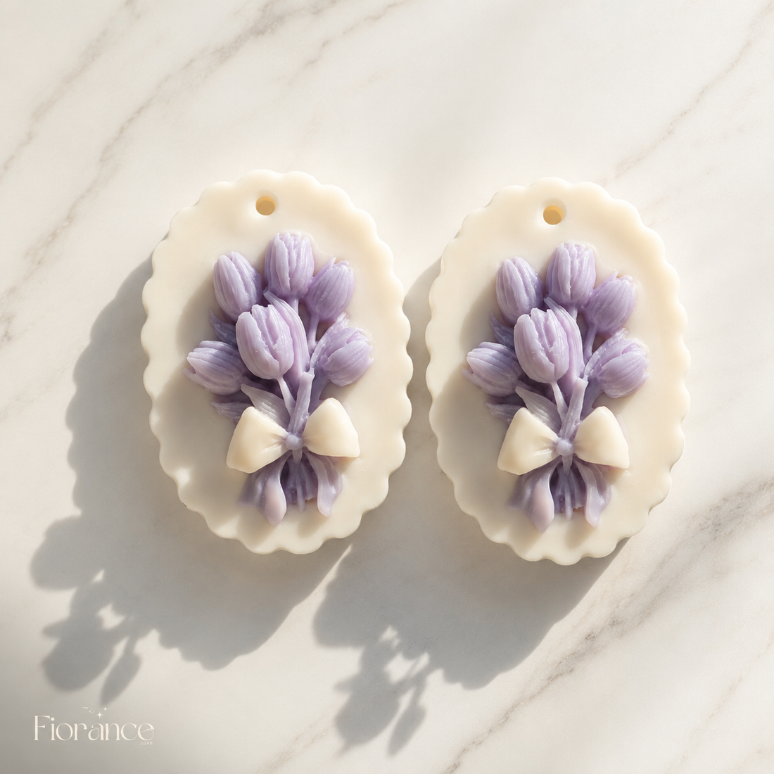 Tulip wax sachet hanging by Fiorance Luxe – handmade oval scalloped scented soy wax sachet for closet freshener and return gift
