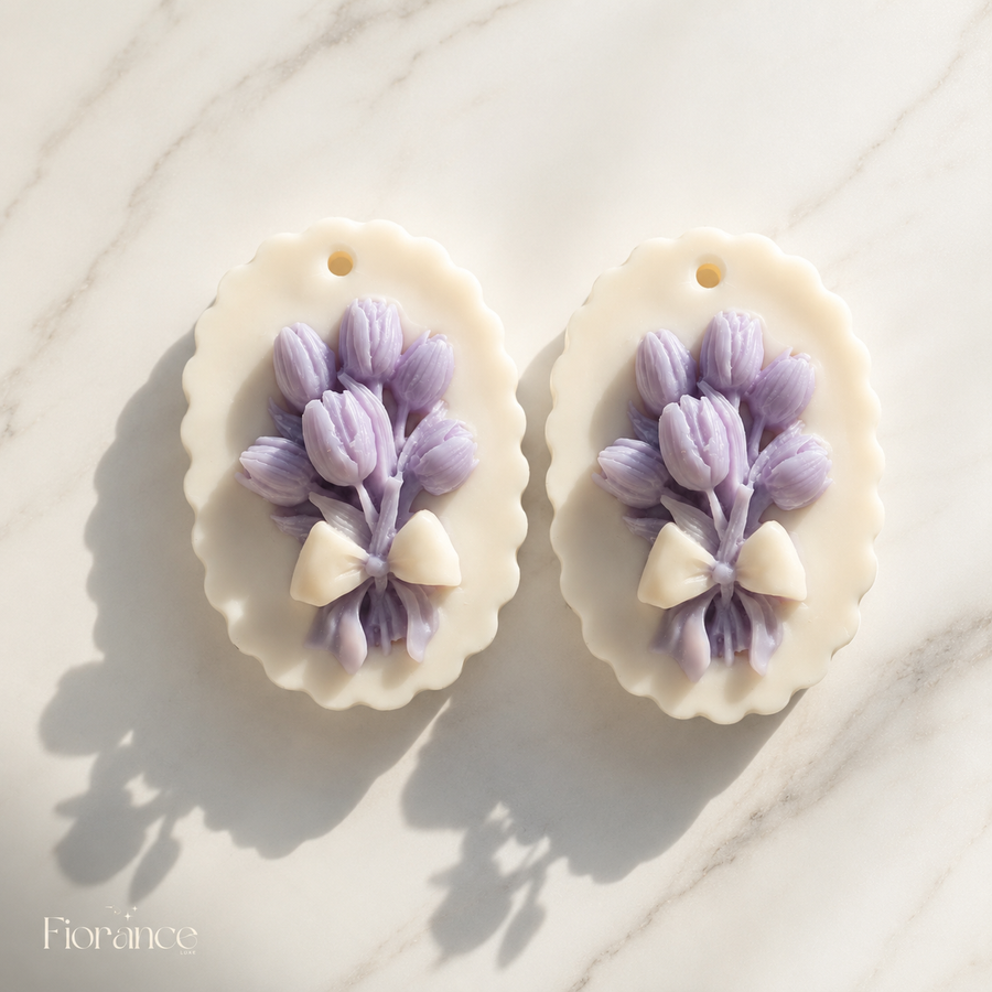 Tulip wax sachet hanging by Fiorance Luxe – handmade oval scalloped scented soy wax sachet for closet freshener and return gift
