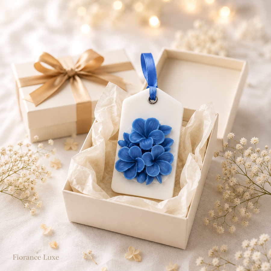 Fiorance Luxe cherry blossom wax sachet in gift box with blue ribbon – handcrafted scented sachet for baby shower and wardrobe
