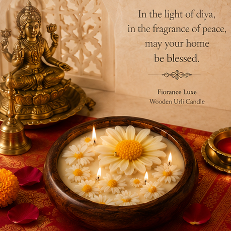 Decorative candle with flowers and a statue on a textured surface, featuring a quote about peace and blessing.