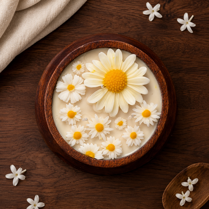 Wooden bowl with white flowers and yellow centers on a wooden surface