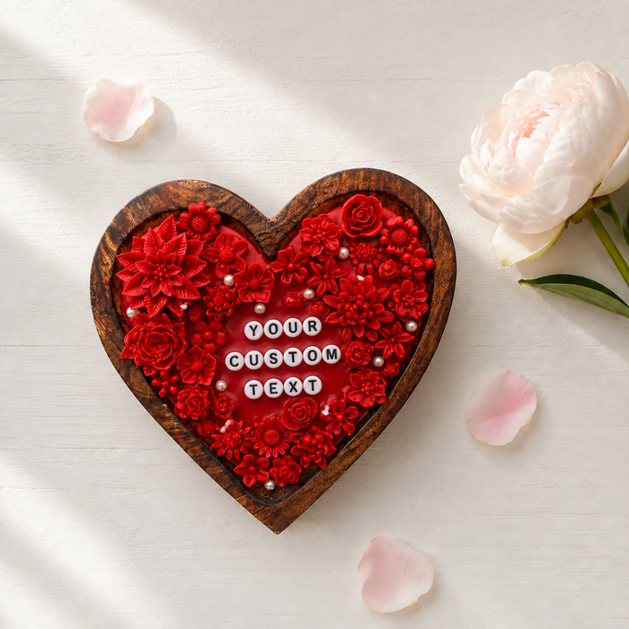 Fiorance Luxe heart shaped wooden soy wax candle – handcrafted romantic scented candle with red floral design for anniversary gift