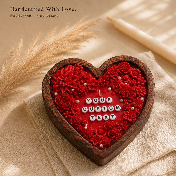 Heart shaped wooden scented soy wax candle by Fiorance Luxe – artisan romantic candle in wooden frame for Valentine's Day