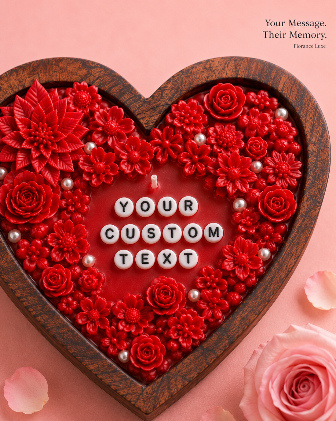Heart-shaped wooden frame with red flowers and customizable text on a pink background