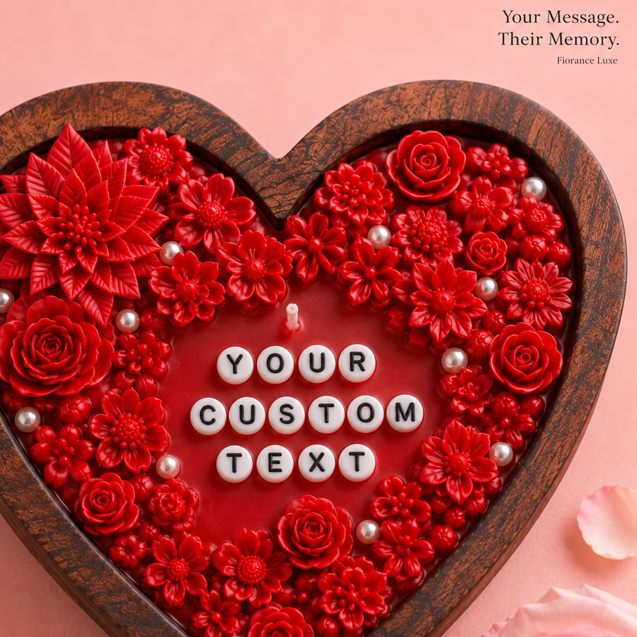 Fiorance Luxe personalised heart shaped wooden candle – handmade scented soy wax candle with red flower design for gifting