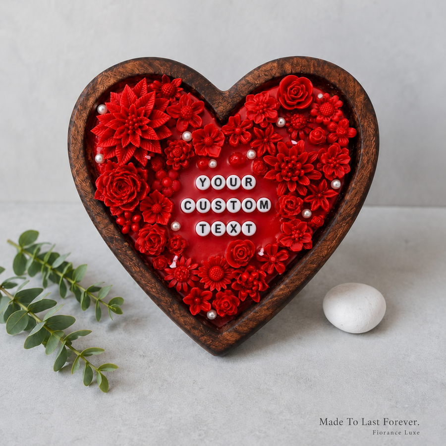 Heart shaped wooden decorative soy wax candle by Fiorance Luxe – romantic handcrafted candle with red floral motif
