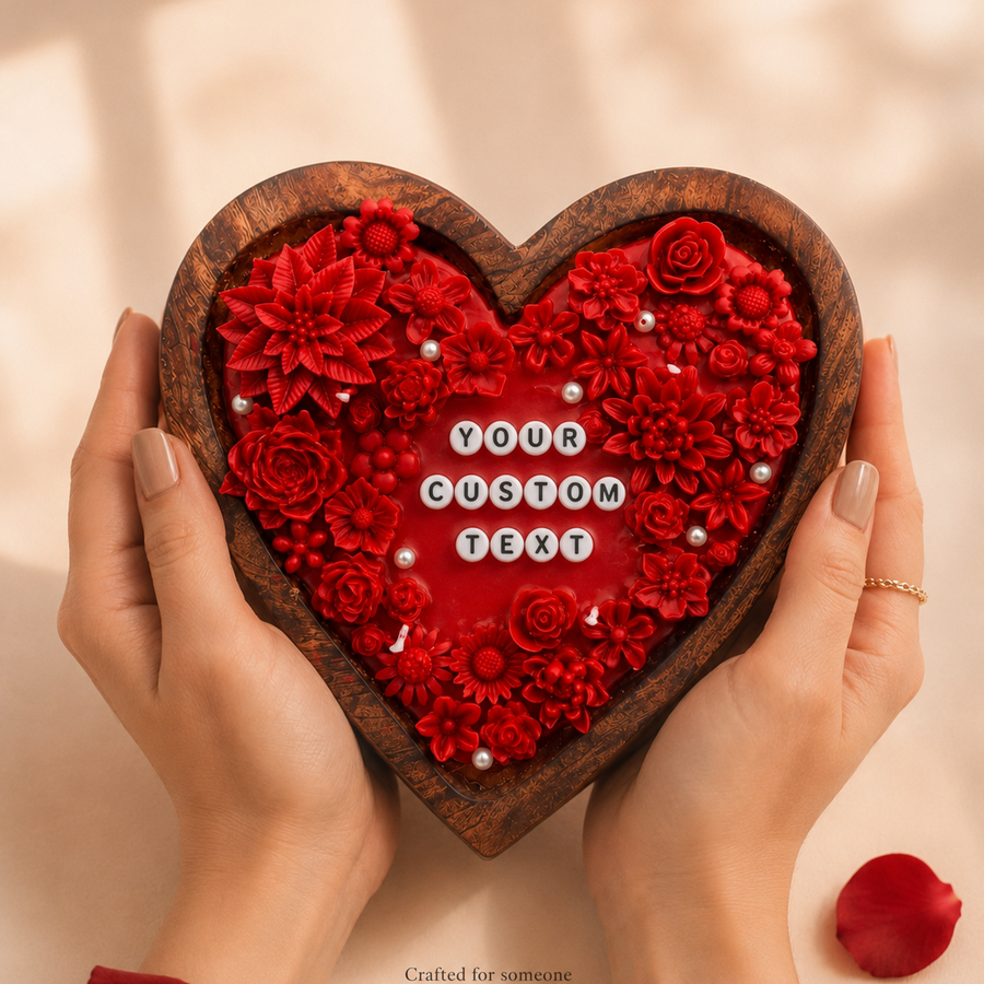 Fiorance Luxe handcrafted heart wooden candle held in hands – premium romantic soy wax candle for anniversary and Valentine's Day